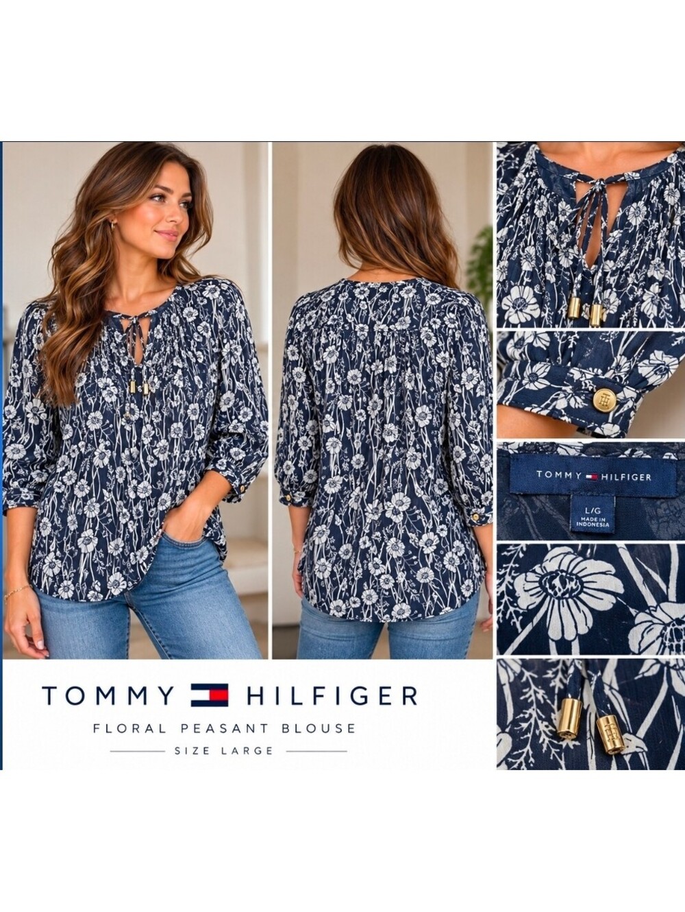 Tommy Hilfiger Women’s L Navy White Floral Peasant Blouse Tie Neck Boho